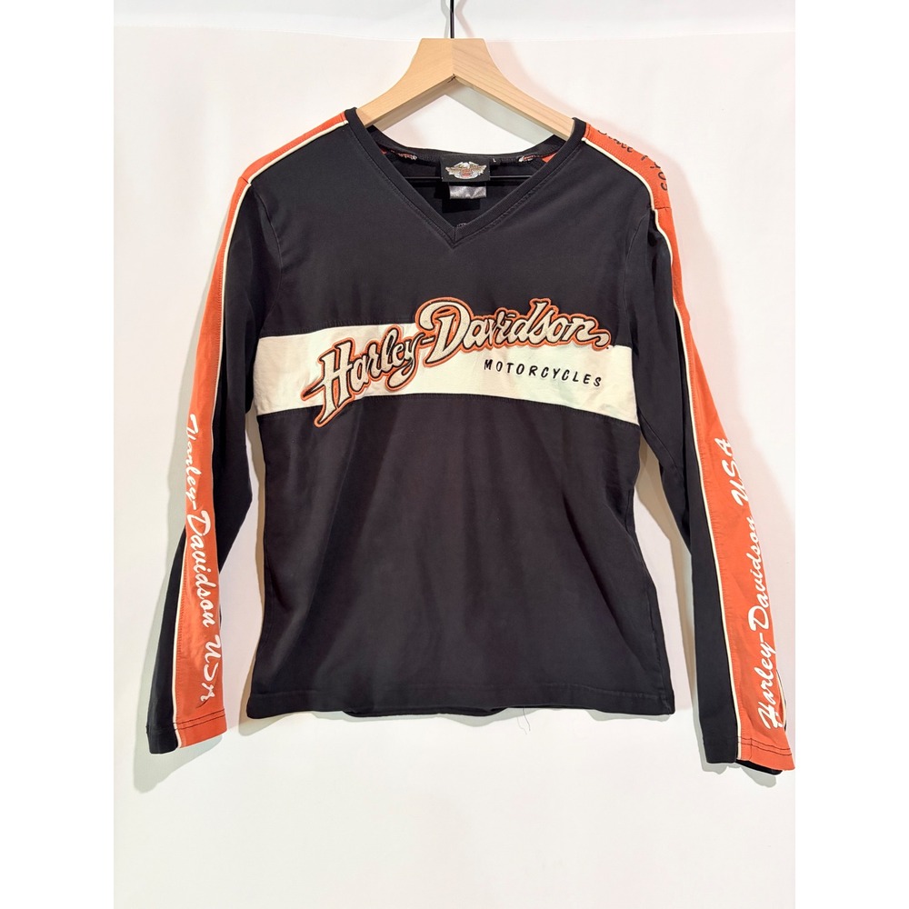 Harley Davidson V-Neck Long Sleeve Top Embroidered Logo Large Vintage Biker Y2K
